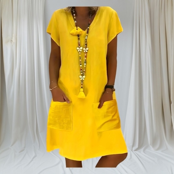 V-Neck Dress Pockets Short Sleeve A-Line - Picture 1 of 3